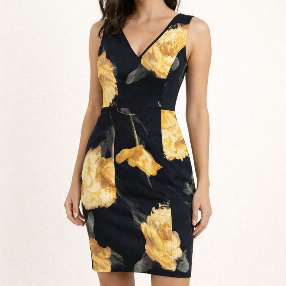 White House Black Market 2 Yellow‎ Gray Floral V-Neck Cotton Twill Sheath Dress